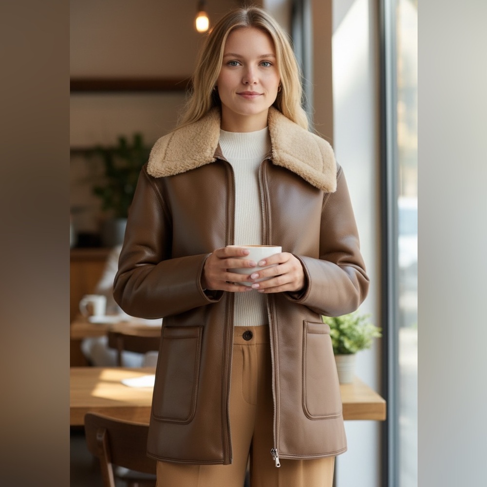 NWT JASON WU Faux Shearling Collar Faux Leather Coat Brown / Tan